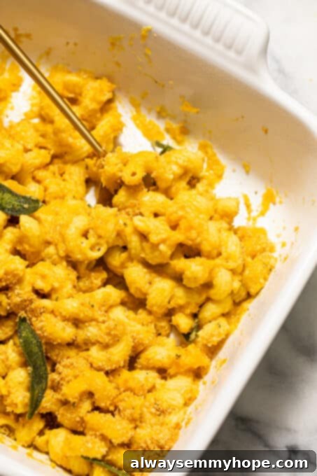 Vegan Butternut Squash Mac and Cheese 15 Close-up of baked mac and cheese with sage leaves.