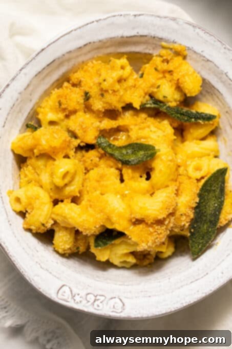 Vegan Butternut Squash Mac and Cheese 16 A single serving bowl of baked macaroni and cheese with breadcrumbs and sage.
