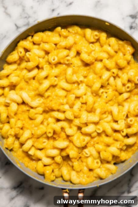 Butternut squash mac and cheese in a skillet, thoroughly mixed and ready for transfer.