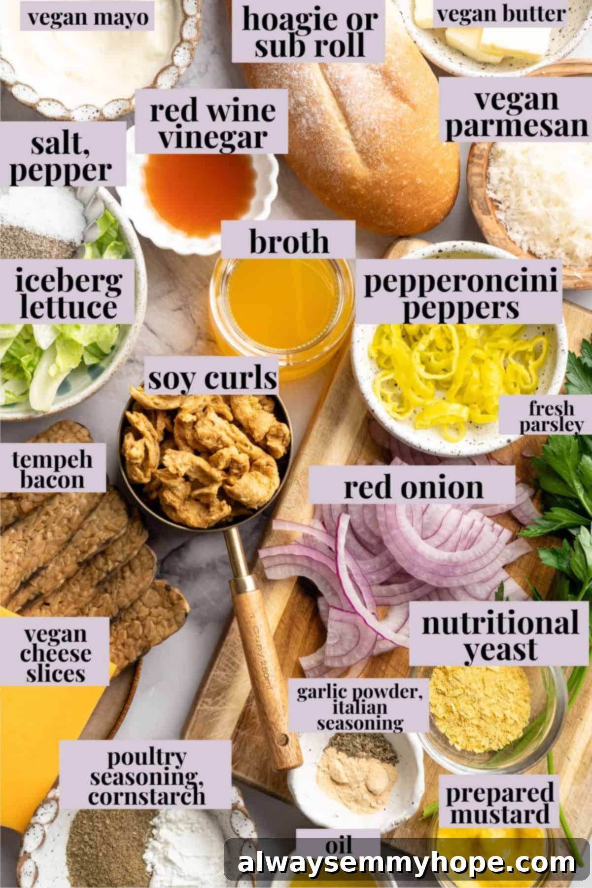 Ingredients for vegan grinder sandwich recipe.
