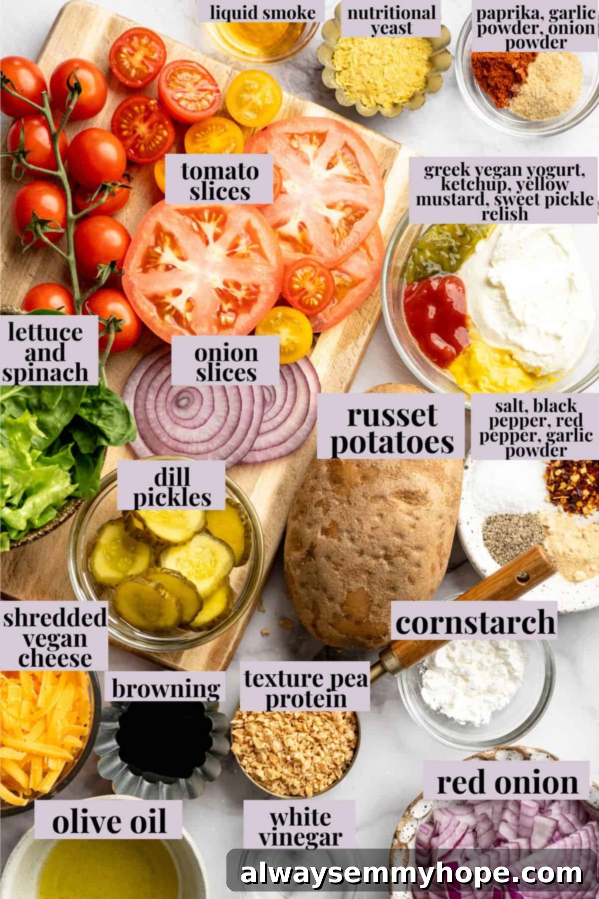 Fresh ingredients for a delicious and healthy Vegan Cheeseburger Bowl. Ingredients for vegan cheeseburger bowl recipe.