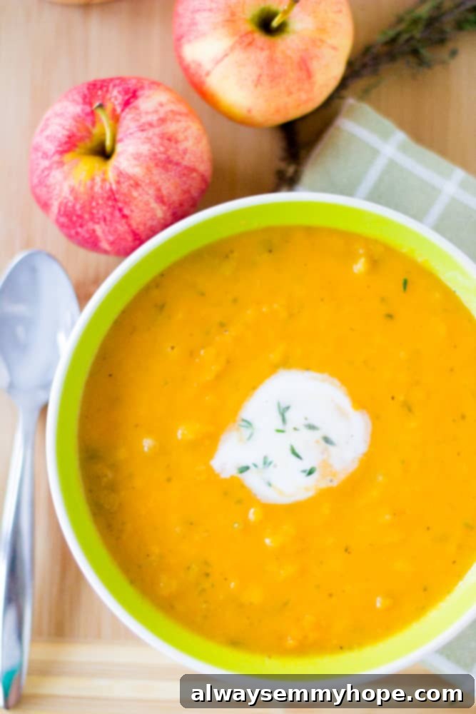 Overhead view of a white bowl filled with Vegan Butternut Squash and Apple Soup, featuring a delicate swirl of coconut cream on top.