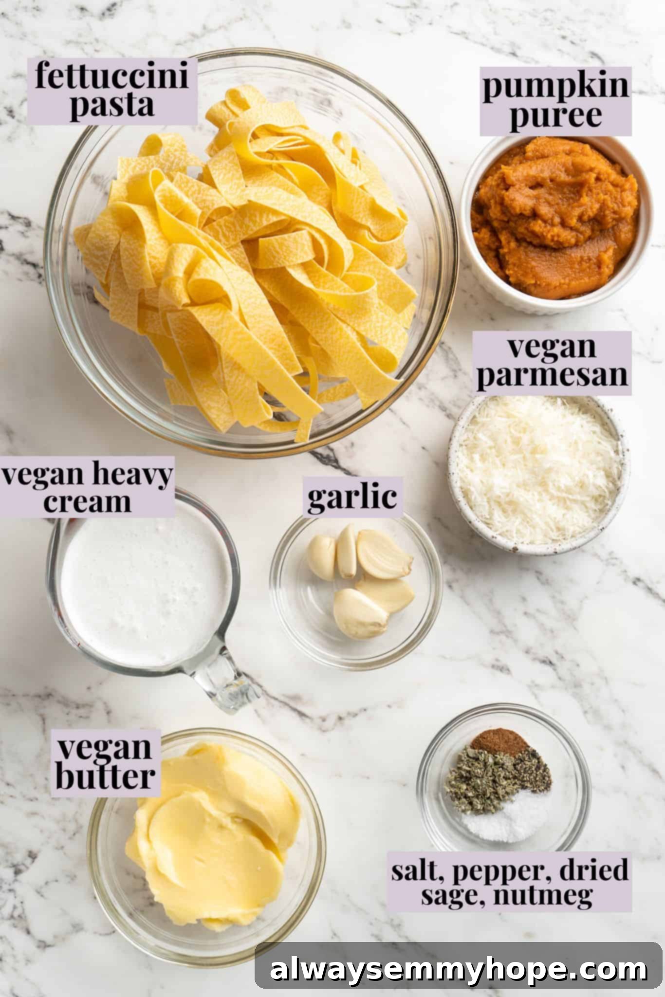 This easy pumpkin Alfredo pasta is rich, creamy, and perfect for a weeknight. Turn simple pantry ingredients into a restaurant-style meal! Overhead view of ingredients for pumpkin alfredo pasta with labels