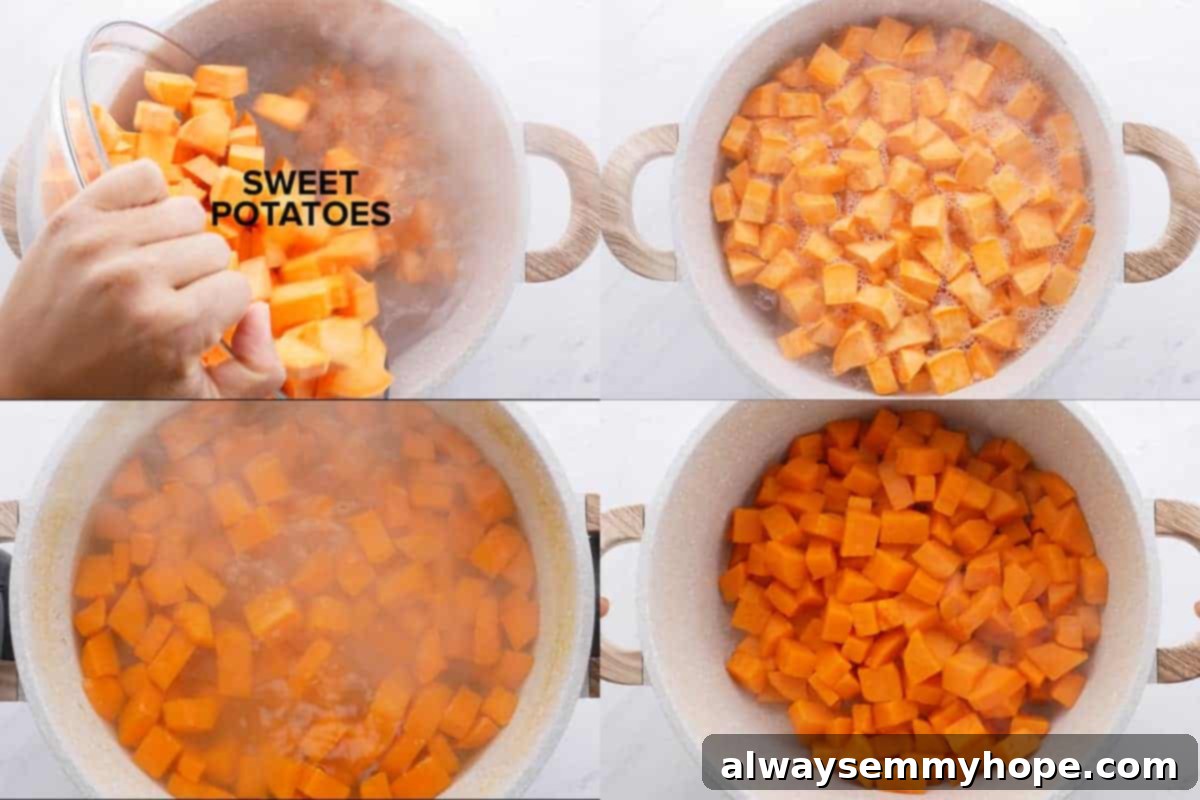Maple Pecan Crunch Vegan Sweet Potato Bake 5 Step-by-step image showing peeled and cubed sweet potatoes boiling in a pot on a stovetop, ready for mashing.