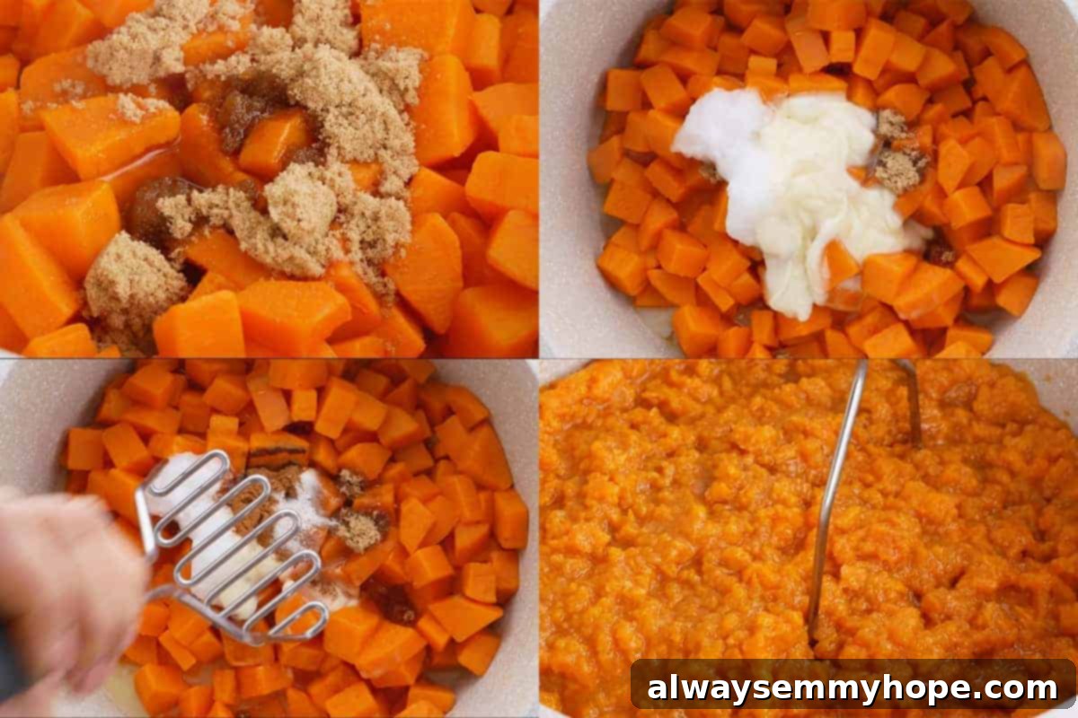 Maple Pecan Crunch Vegan Sweet Potato Bake 6 A close-up shot of creamy, mashed sweet potatoes in a pot, being mixed with a potato masher, showing their smooth and rich texture.