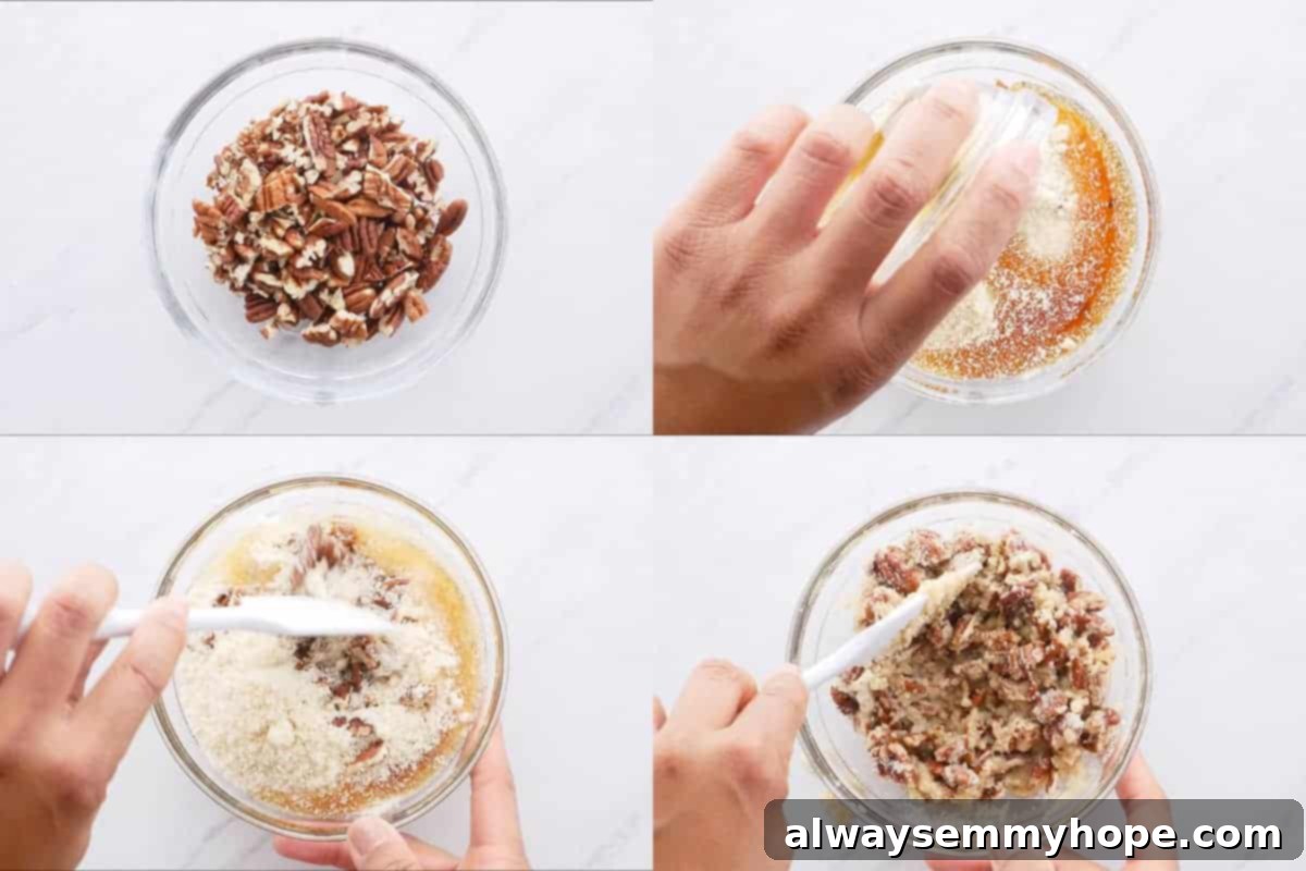 Maple Pecan Crunch Vegan Sweet Potato Bake 8 Hands mixing a bowl of ingredients for the maple pecan topping, including flour, maple syrup, melted vegan butter, and chopped pecans, illustrating the dry ingredient mixing step.