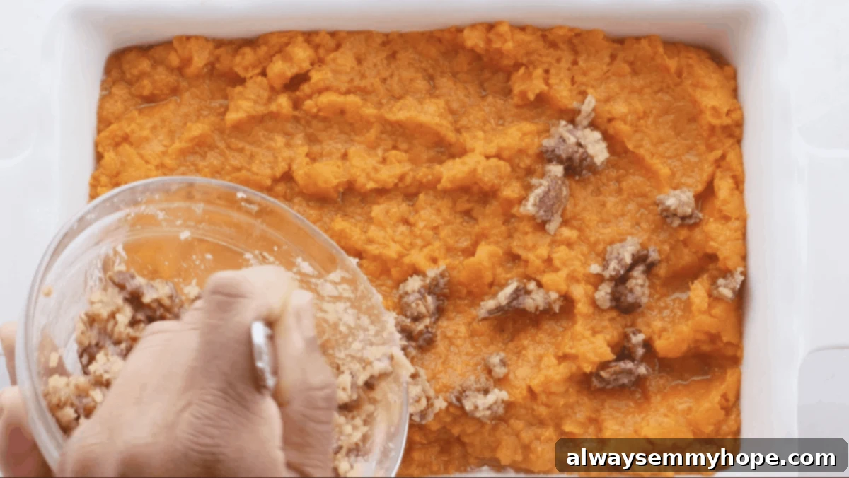 Maple Pecan Crunch Vegan Sweet Potato Bake 9 A spoon carefully sprinkling the sweet and crunchy maple pecan topping over the smooth sweet potato base in a casserole dish, preparing it for baking.