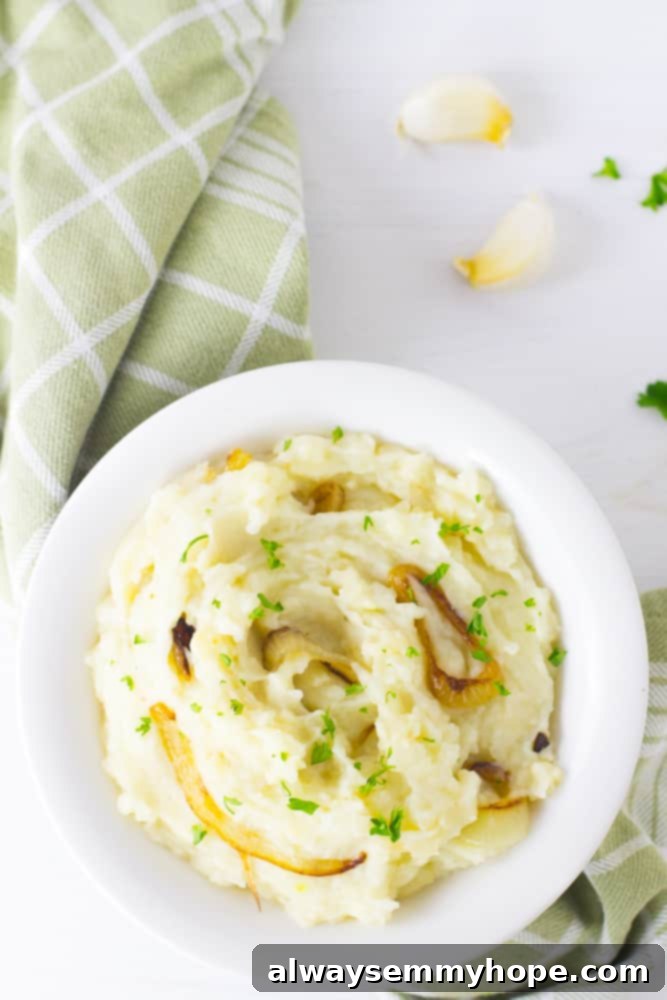 Overhead view of a white bowl filled with vegan garlic mashed potatoes and topped generously with golden-brown caramelised onions, ready for serving.