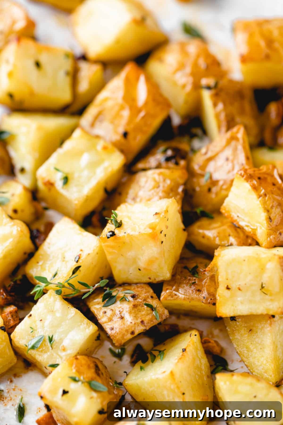 These garlic roasted potatoes are crispy, buttery and so tasty! They make a quick and easy side dish that goes with just about anything. garlicky roasted potatoes on a baking sheet with thyme on top, ready to be served