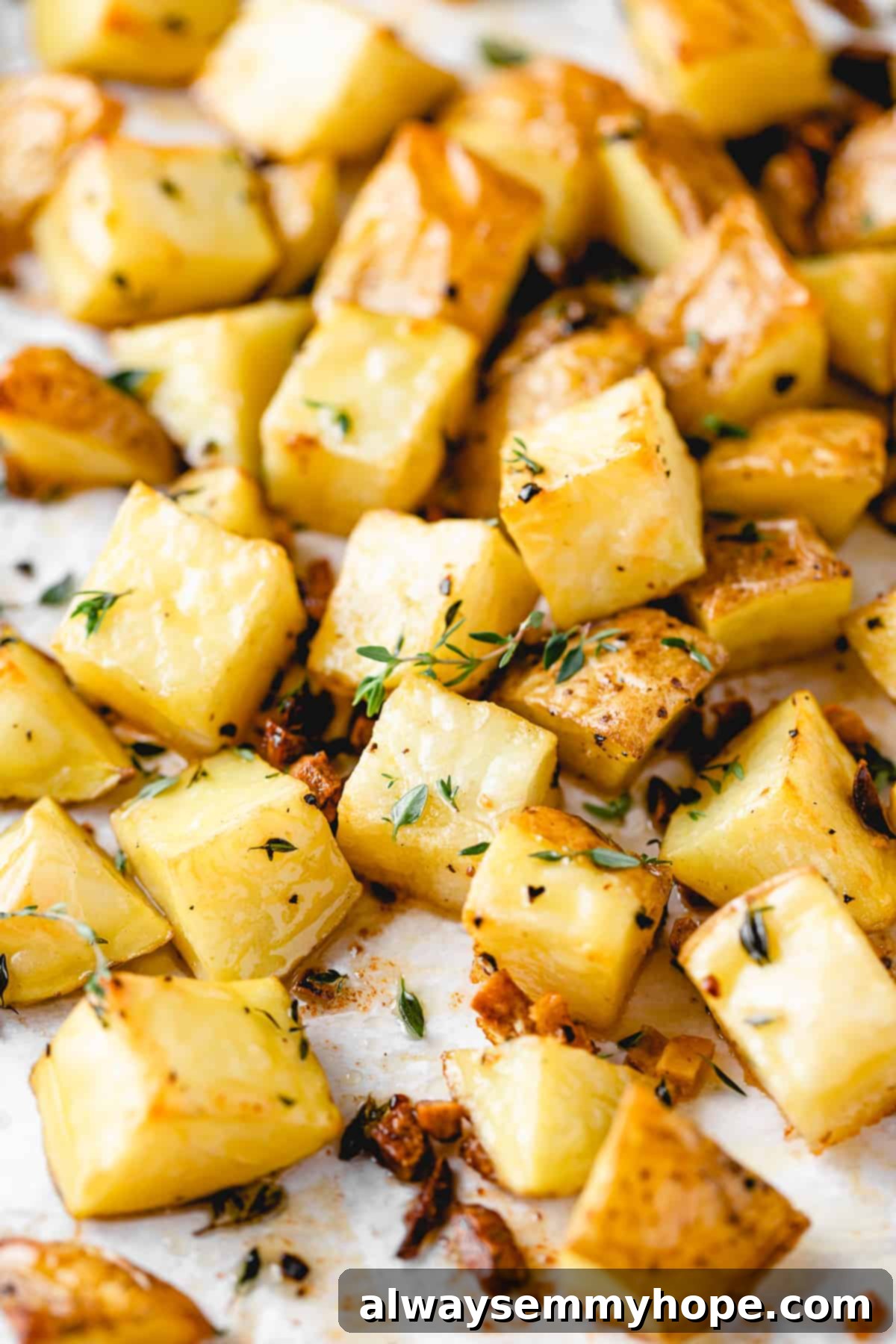 These garlic roasted potatoes are crispy, buttery and so tasty! They make a quick and easy side dish that goes with just about anything. garlic roasted potatoes on a baking sheet, garnished with fresh thyme, ready to be served