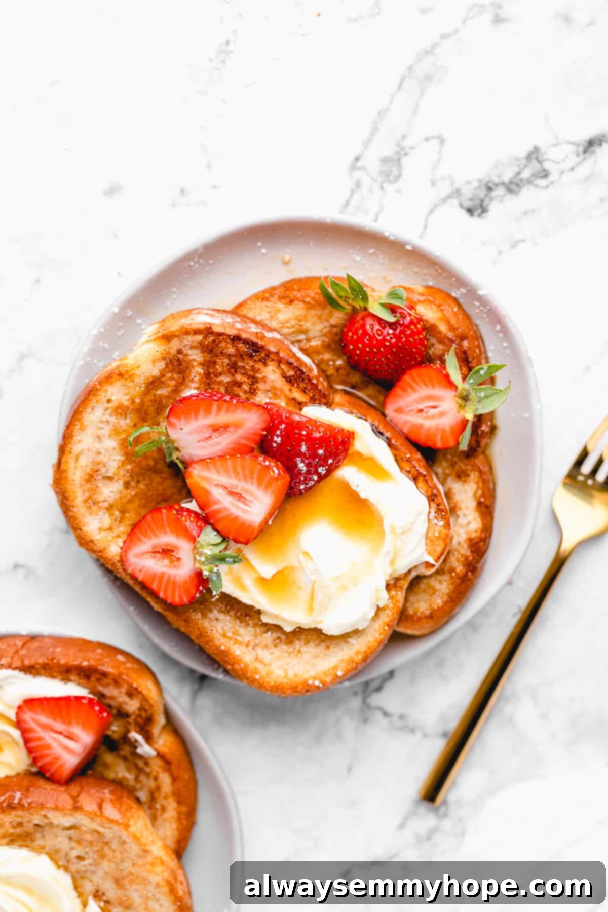 Vegan french toast with sliced strawberries.