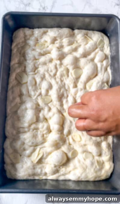 Thinly sliced garlic pieces being carefully placed into the dimples of the focaccia dough, along with sprinkled rosemary.