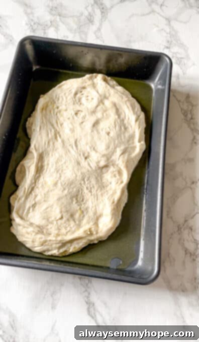 The focaccia dough, now spread out and lightly risen, resting in the oiled baking pan.