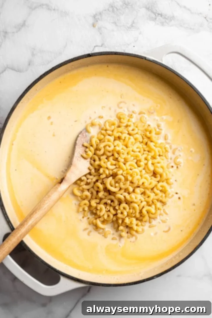 A whisk blending elbow macaroni into a rich, creamy vegan cheese sauce in a skillet, ensuring even coating before simmering.