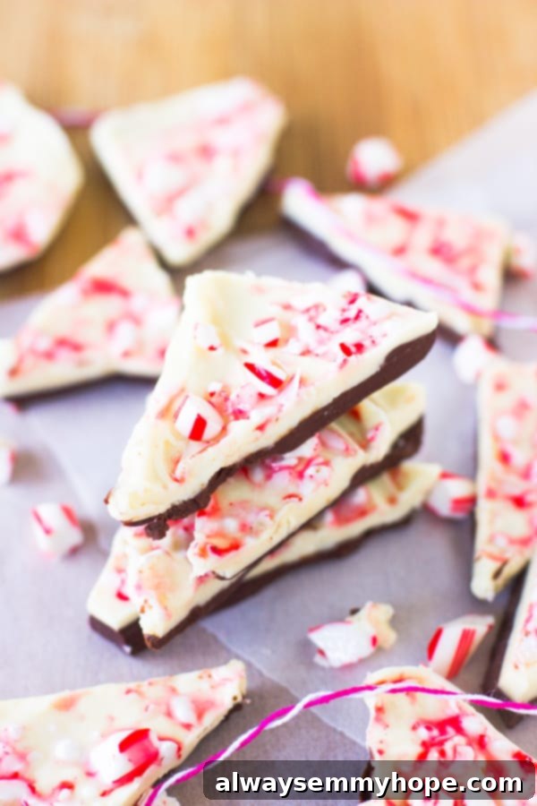 A stack of chocolate bark on parchment with candy canes. 