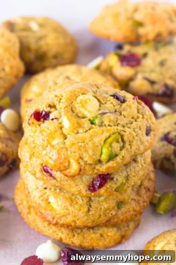 White Chocolate Cranberry Pistachio Gluten Free Cookies 3 A stack of soft and chewy white chocolate cranberry pistachio cookies.