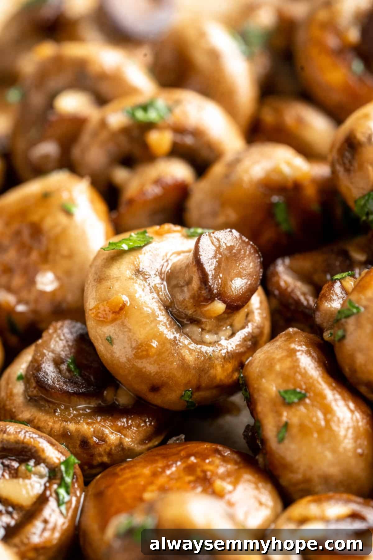 Closeup of garlic mushrooms with parsley