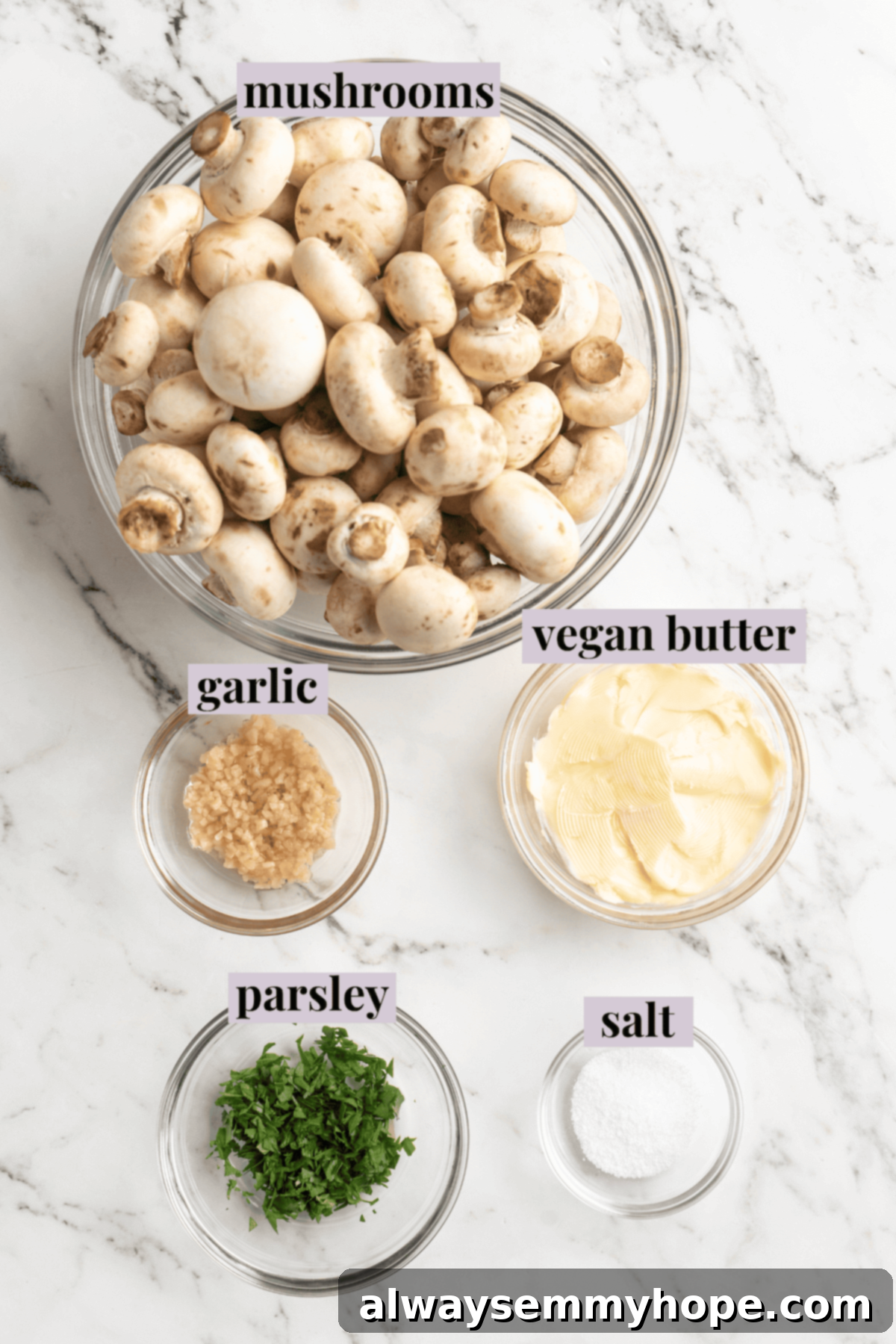 Overhead view of ingredients for garlic mushrooms with labels