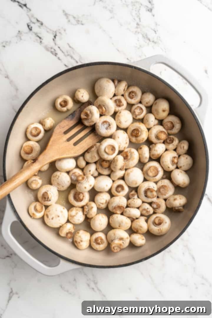 Overhead view of mushrooms in skillet