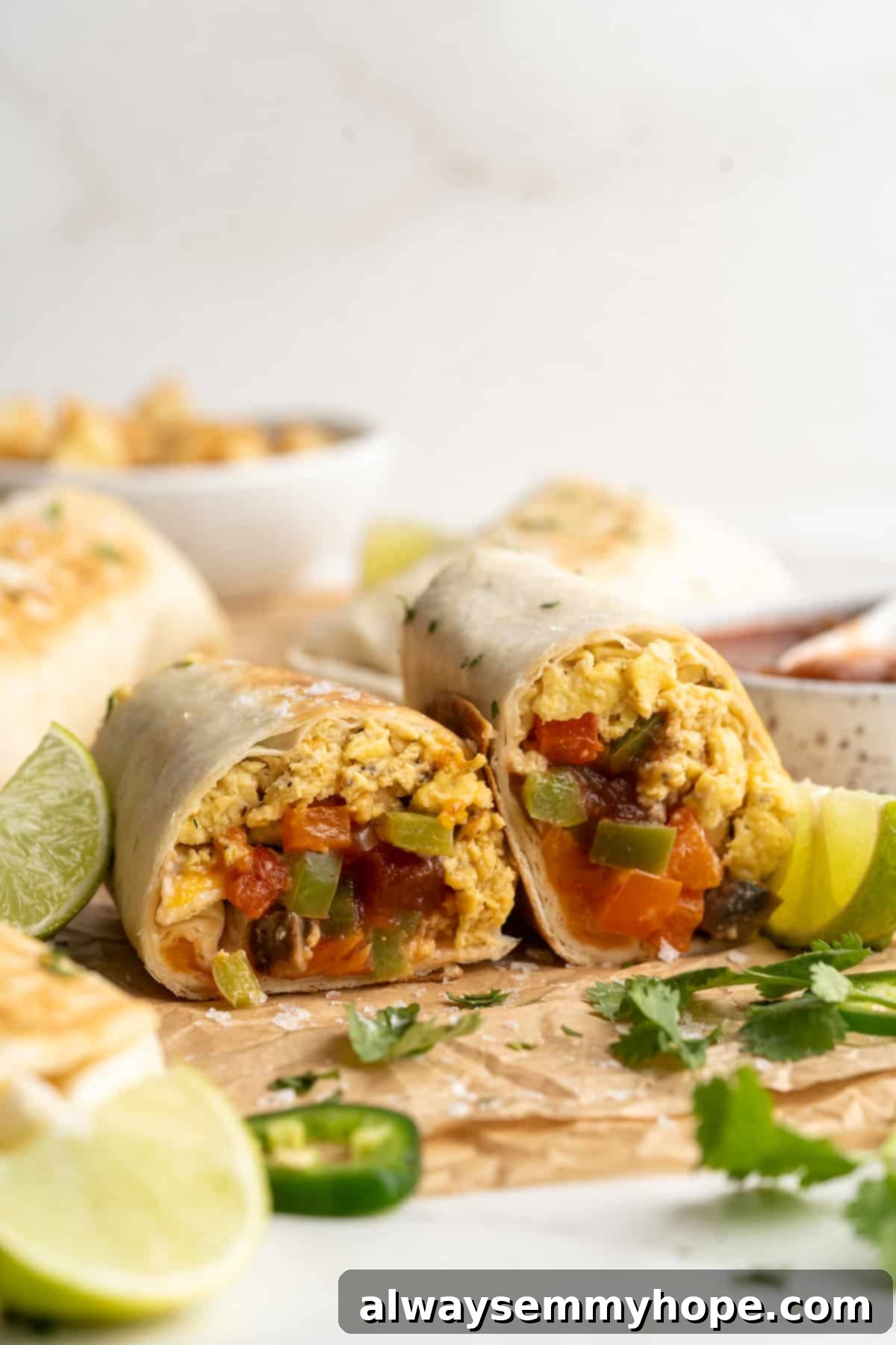 Halved vegan breakfast burrito showing a cross-section of fillings