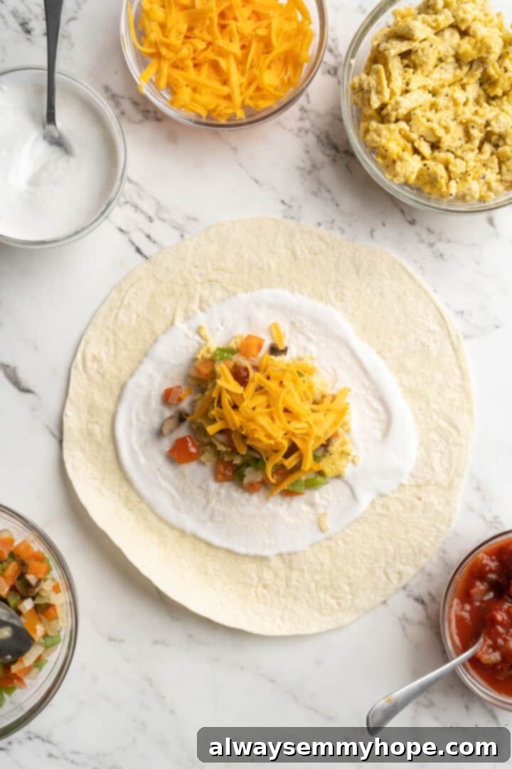 Overhead view of a tortilla topped with vegan yogurt, vegan scramble, veggies, and cheese