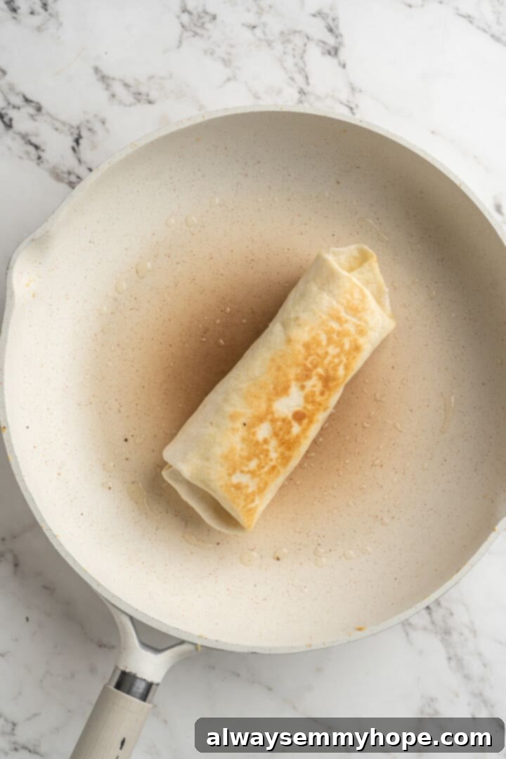 Overhead view of a toasted vegan breakfast burrito in a skillet