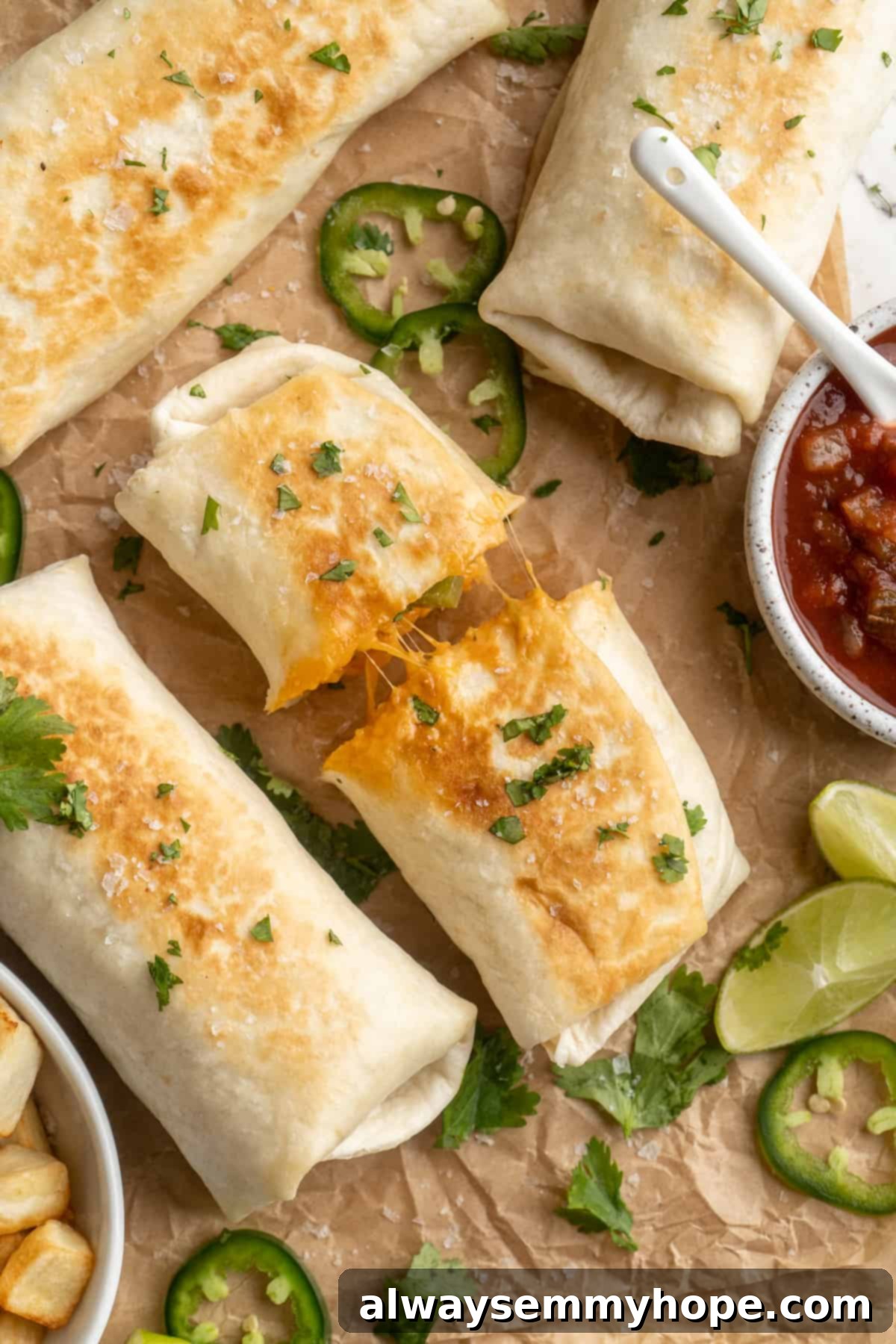 Vegan breakfast burritos, with one cut in half revealing the fillings