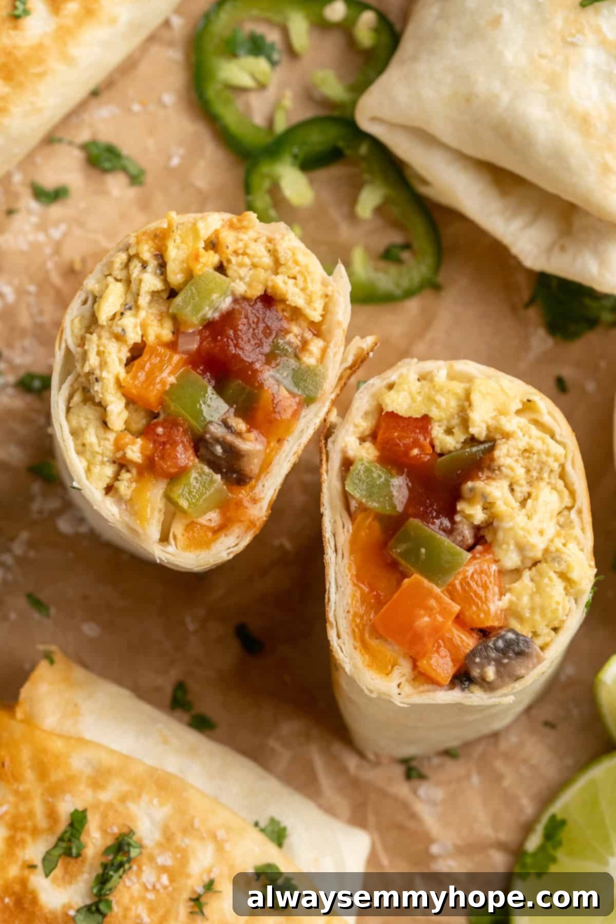 Vegan breakfast burrito cut in half with vibrant fillings visible
