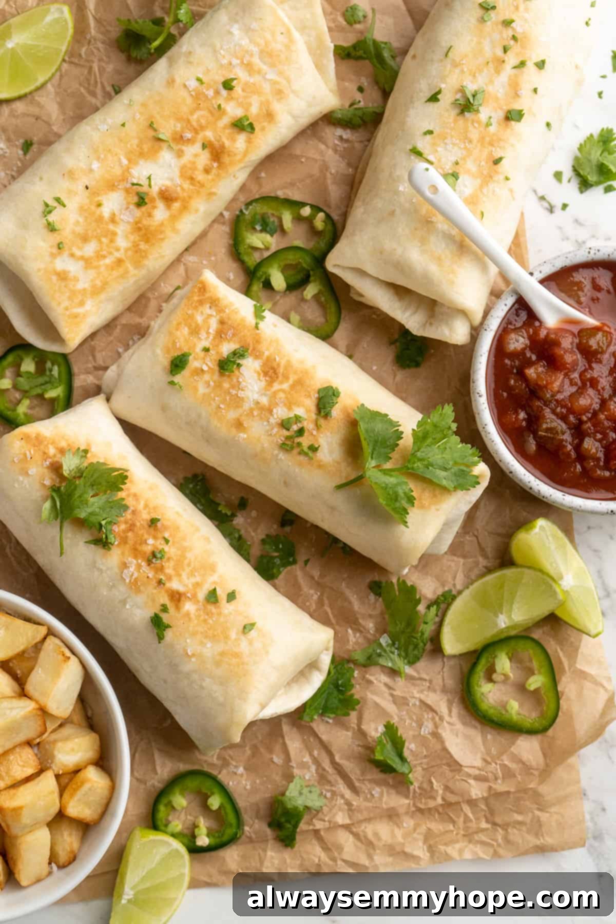 Overhead view of several vegan breakfast burritos on a wooden board