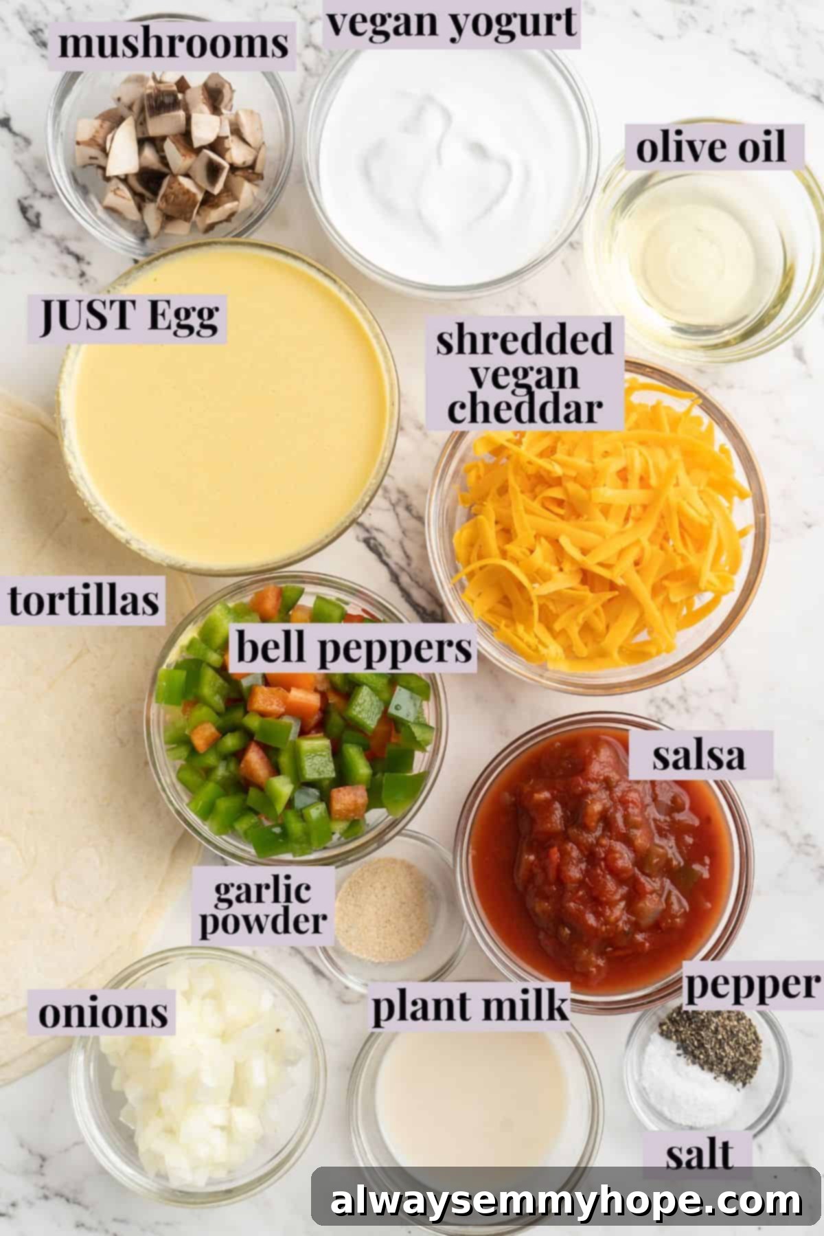 Overhead view of ingredients for vegan breakfast burritos with labels for each component