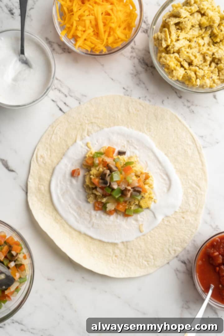 Overhead view of a tortilla topped with vegan yogurt, vegan scramble, and veggies