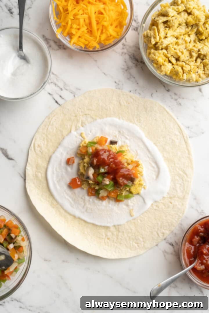 Overhead view of a tortilla topped with vegan yogurt, vegan scramble, veggies, and salsa