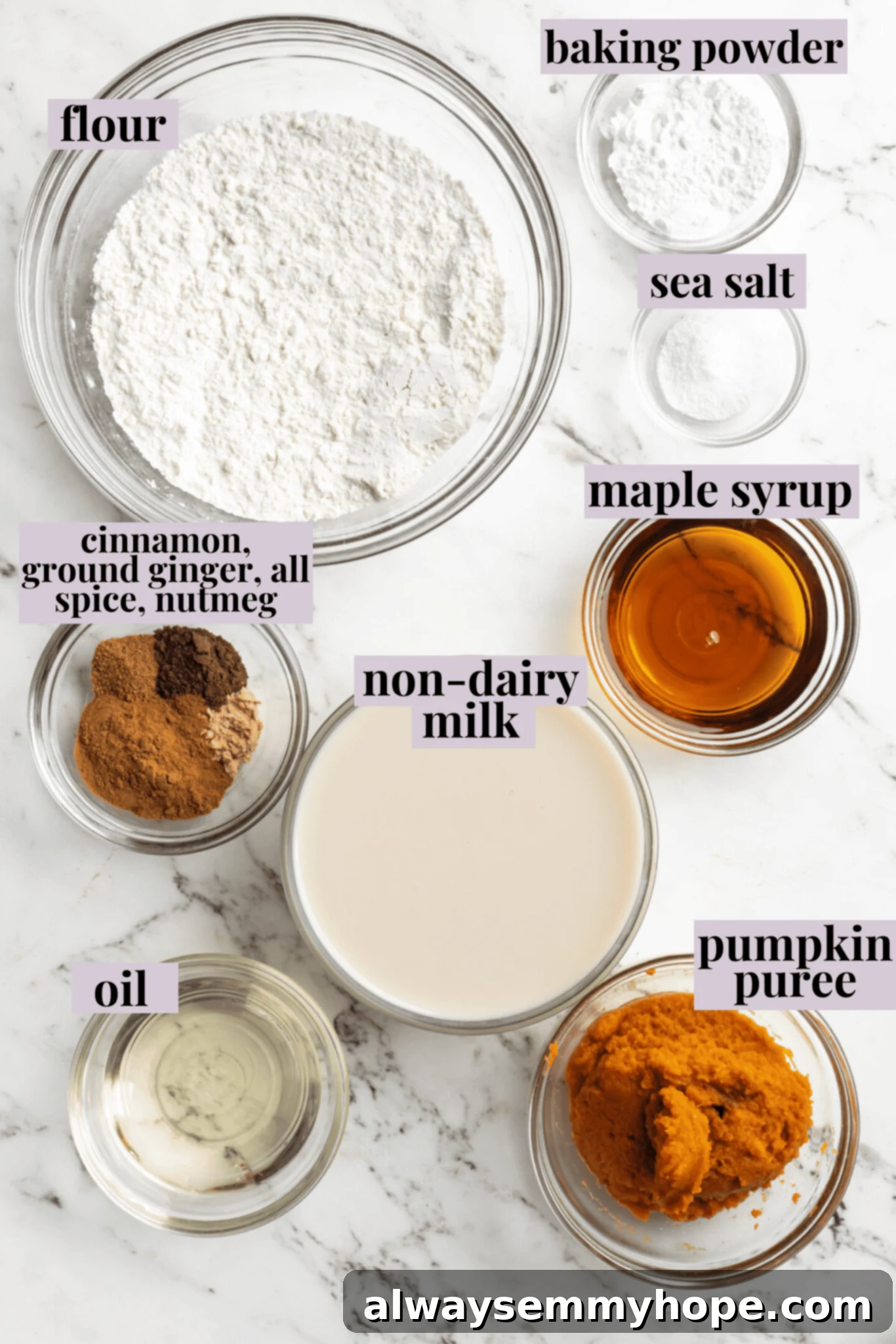 An overhead flat lay of all the essential ingredients for gluten-free vegan pumpkin pancakes laid out on a countertop. This includes a bowl of oat flour, a glass of almond milk, small bowls of salt, baking powder, cinnamon, maple syrup, rich pumpkin puree, and a small container of oil.