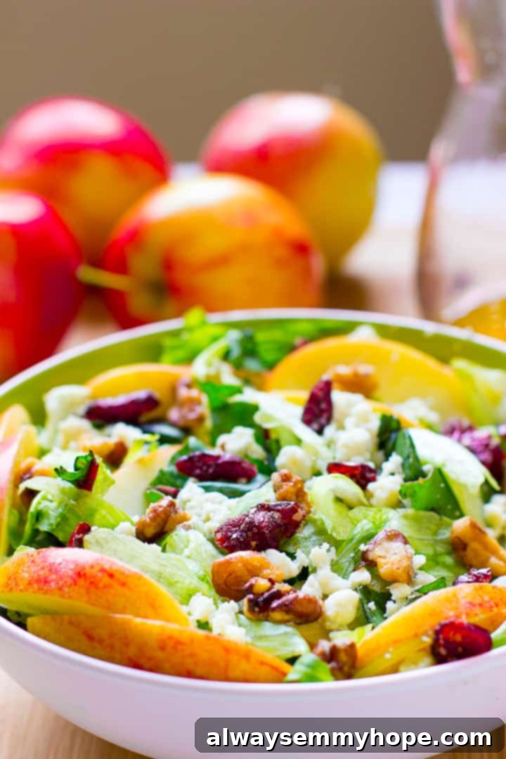 Apple and Blue Cheese Salad with Honey-Apple Vinaigrette 5 Close-up side view of a vibrant apple, candied walnut, and blue cheese salad in a elegant white bowl, showcasing its layers.