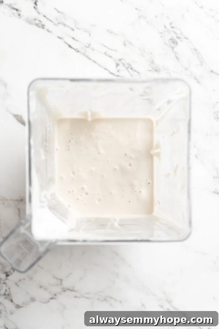 Overhead view of cashew sour cream in blender