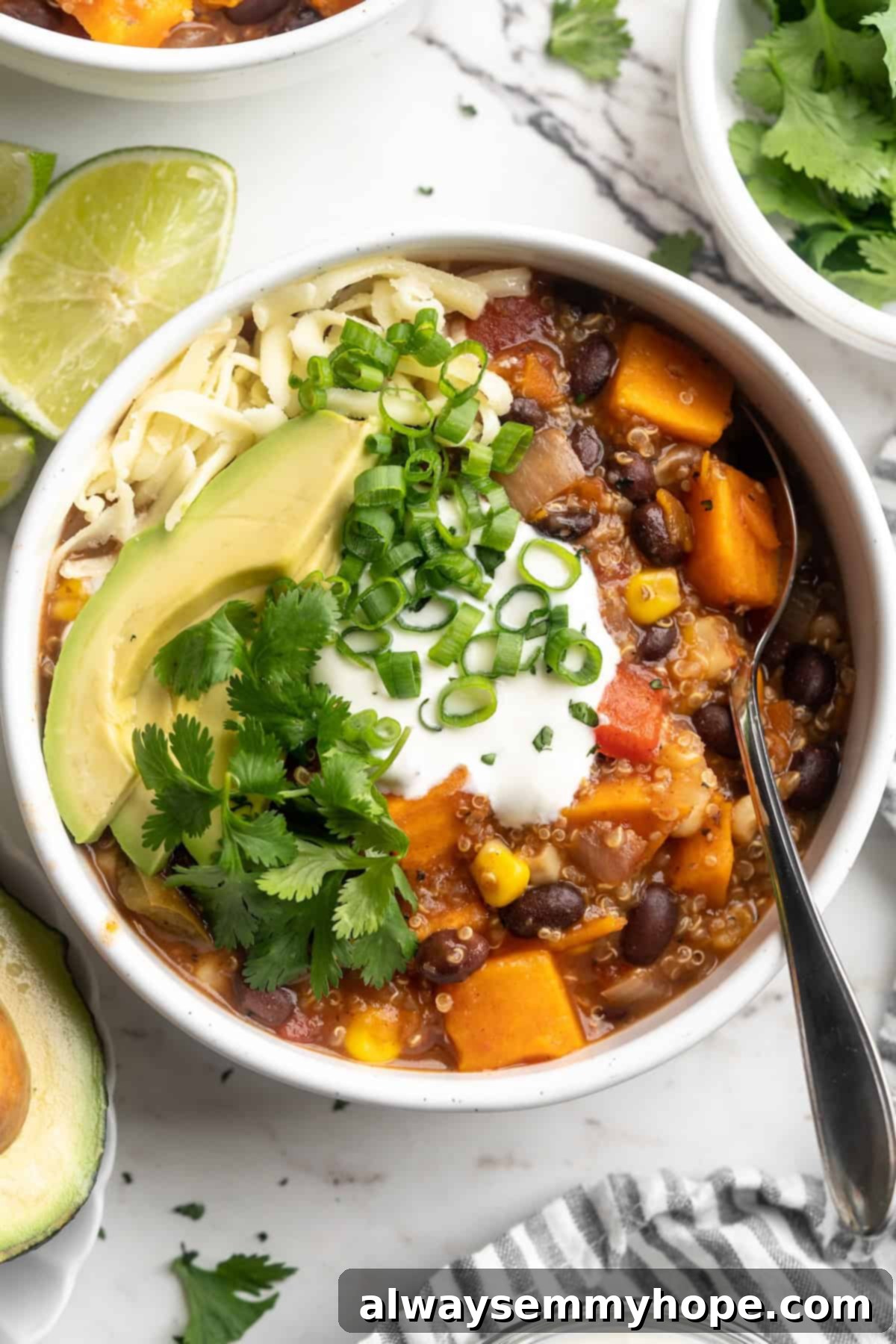 Overhead view of sweet potato and black bean chili in bowl with cashew sour cream, avocado, cilantro, and green onion