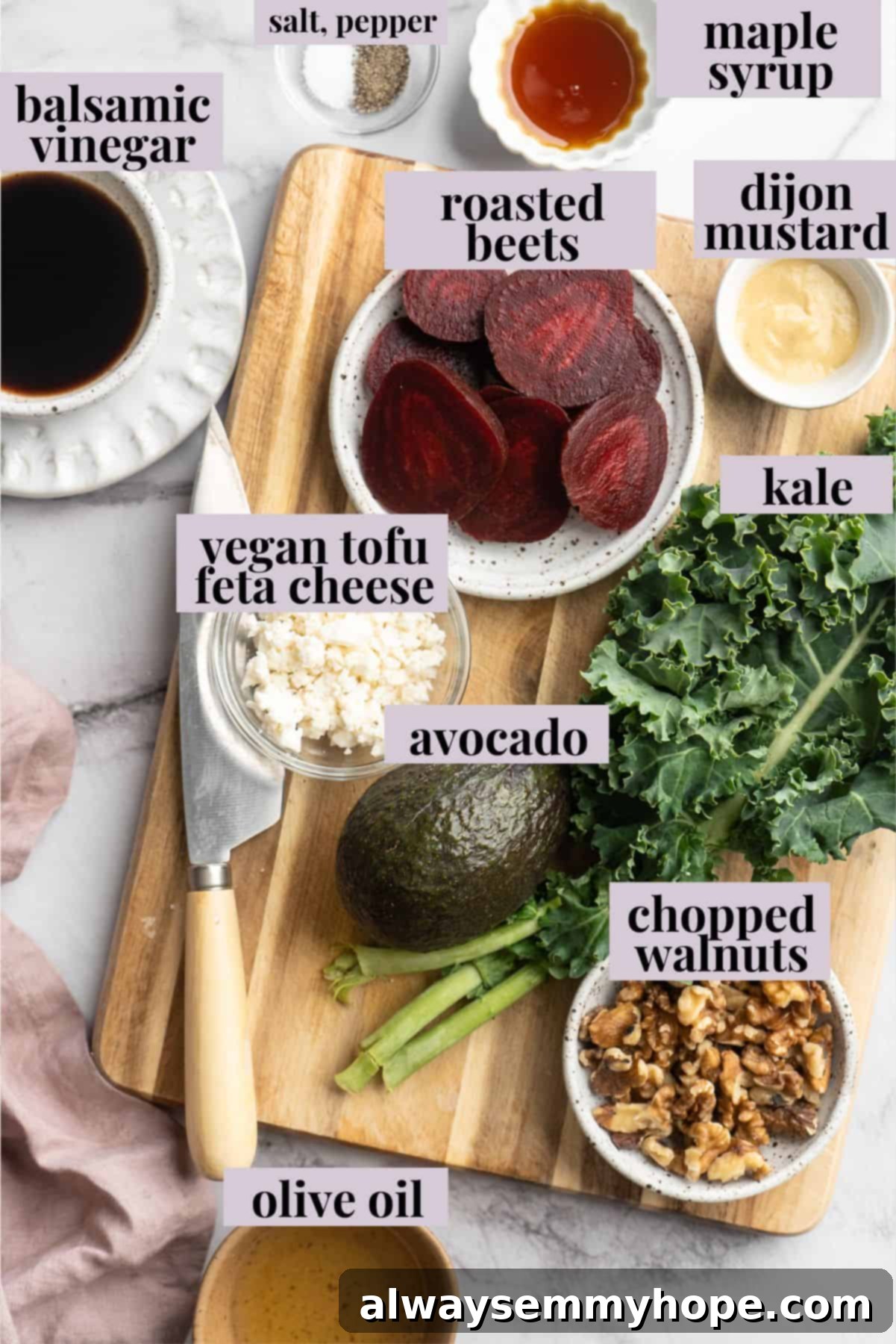 This beet feta salad pairs tender roasted beets and tangy vegan feta, along with a zippy maple mustard vinaigrette. Delicious and easy! Overhead view of ingredients for beet feta salad