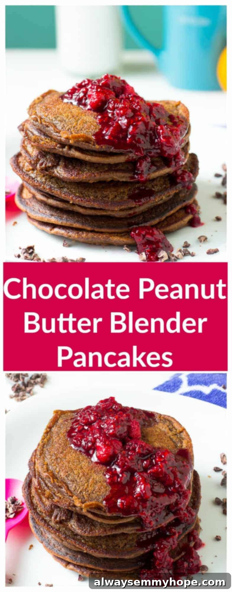 These Chocolate Peanut Butter Blender Pancakes are a fantastic choice for a quick, healthy, and delicious breakfast. Made in just 30 minutes, they are gluten-free, vegan, and beautifully topped with a homemade raspberry compote. The image captures a vibrant, appealing stack ready to serve.