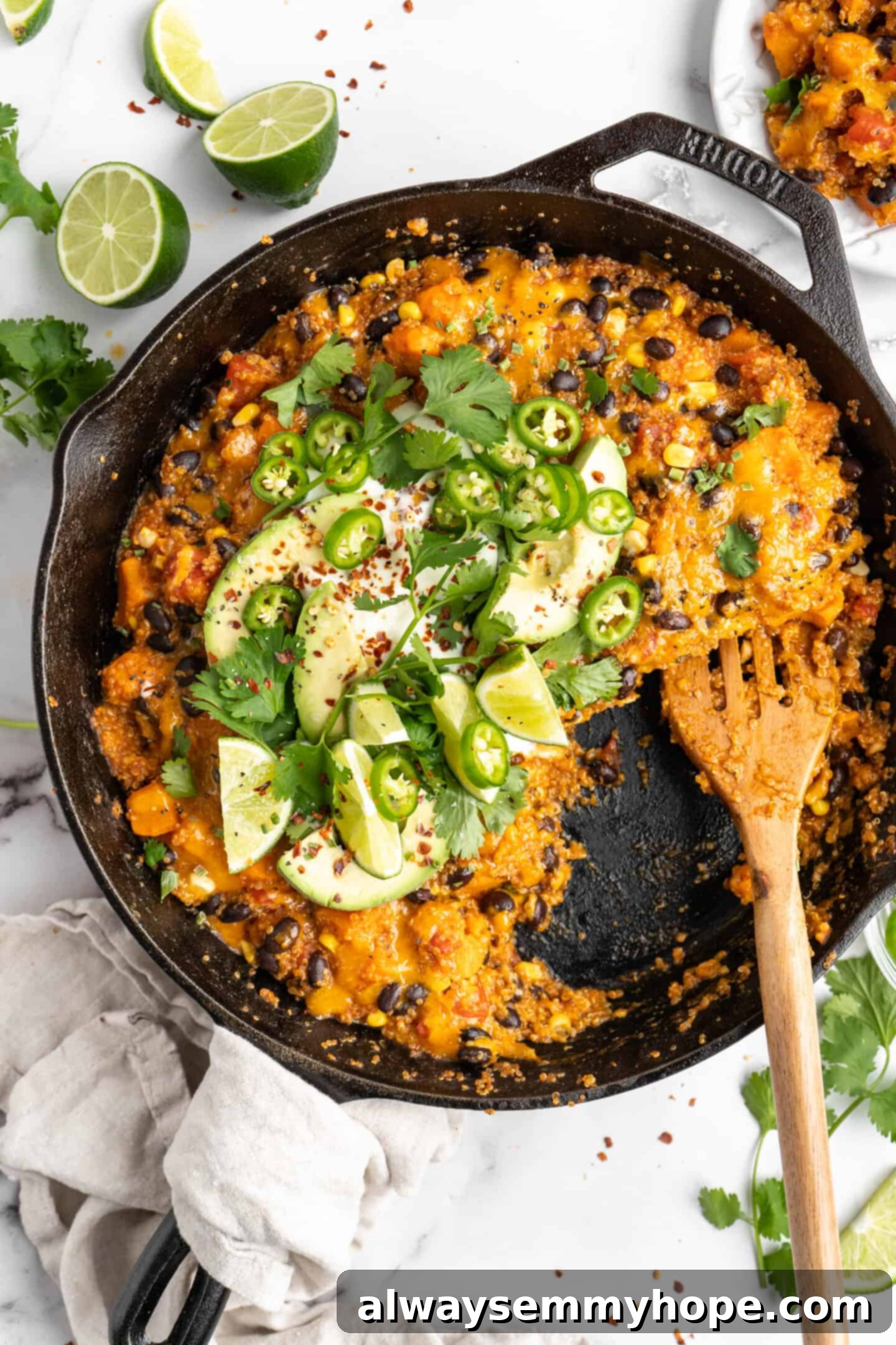 A beautifully presented vegan quinoa enchilada skillet, rich in color and texture, ready to be enjoyed.
