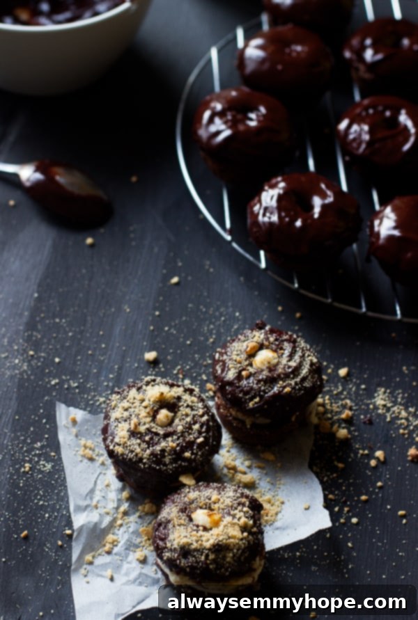 An overhead shot of freshly baked chocolate cake s'mores donuts arranged neatly on parchment paper, ready to be devoured.