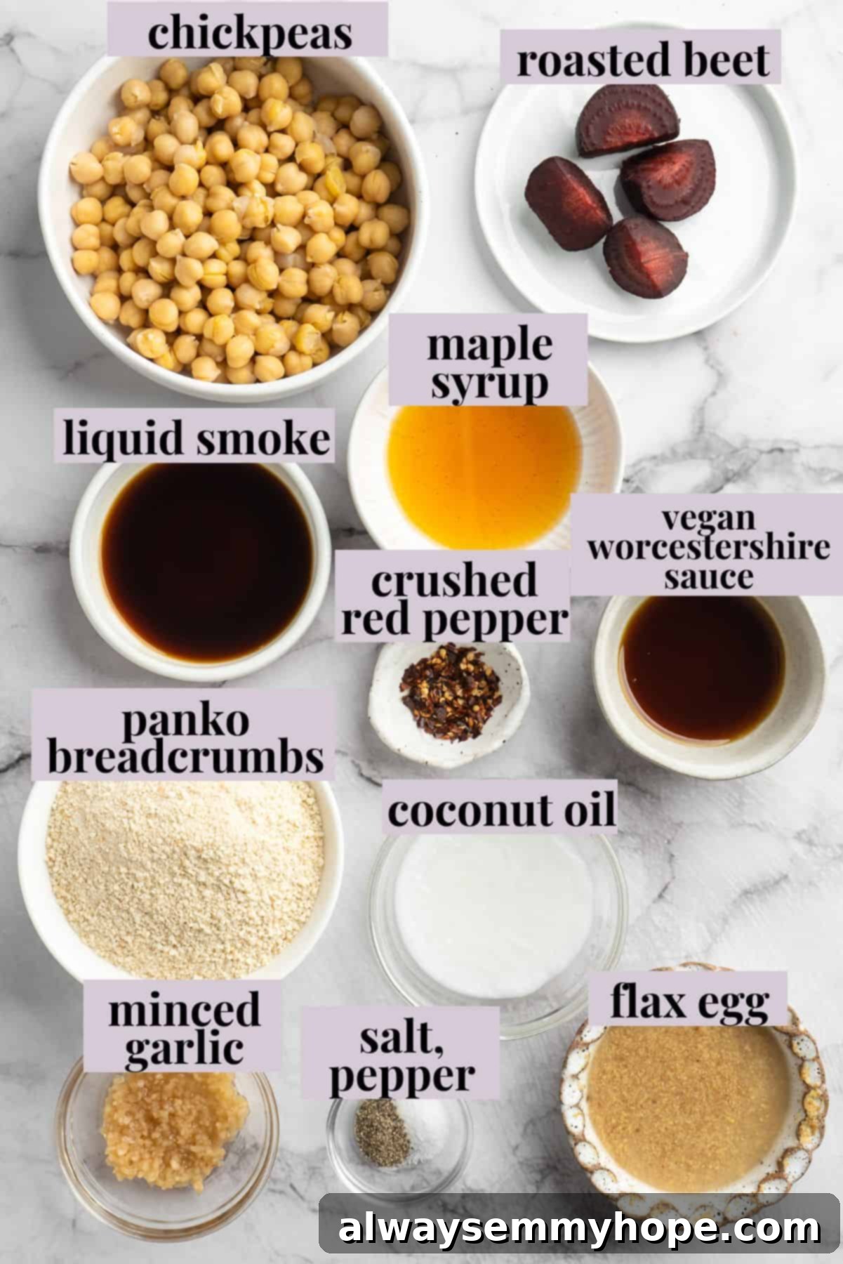 If you like your vegetarian meatballs with beans, veggies and BIG flavor, these chickpea and beet meatballs are for you. Great for meal prep! Overhead view of fresh ingredients for making chickpea and beet vegetarian meatballs, including roasted beets, chickpeas, and spices.