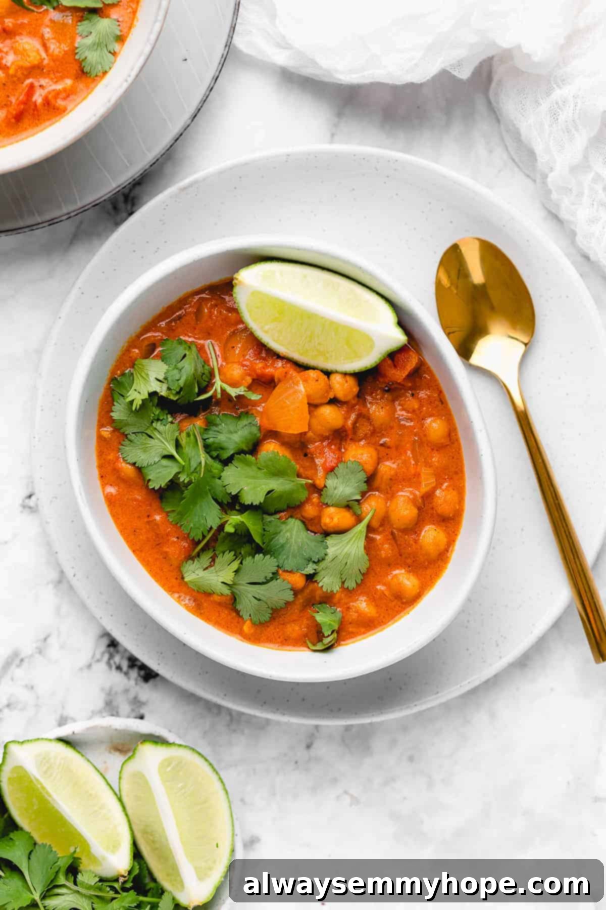 A close-up of the finished creamy vegan coconut chickpea curry, showcasing its texture.