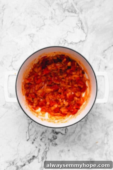 A closer view of the softening onions and tomatoes in the pot, creating a flavorful base.