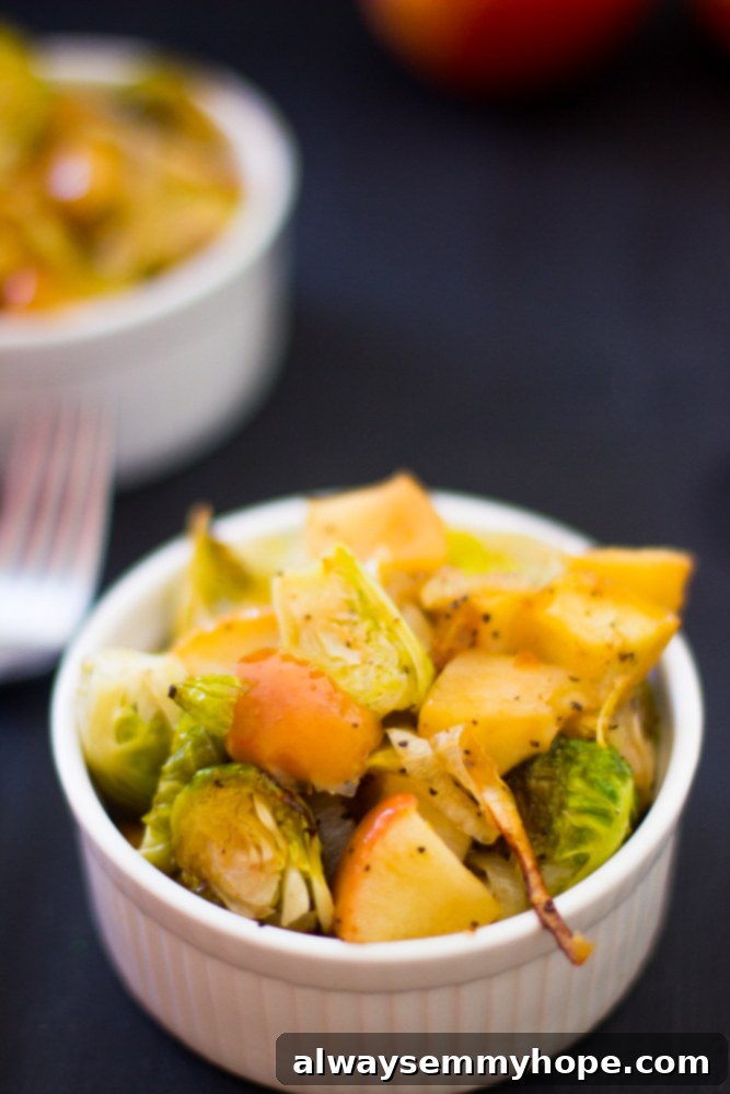 Maple roasted brussels sprouts in a white ramekin. 