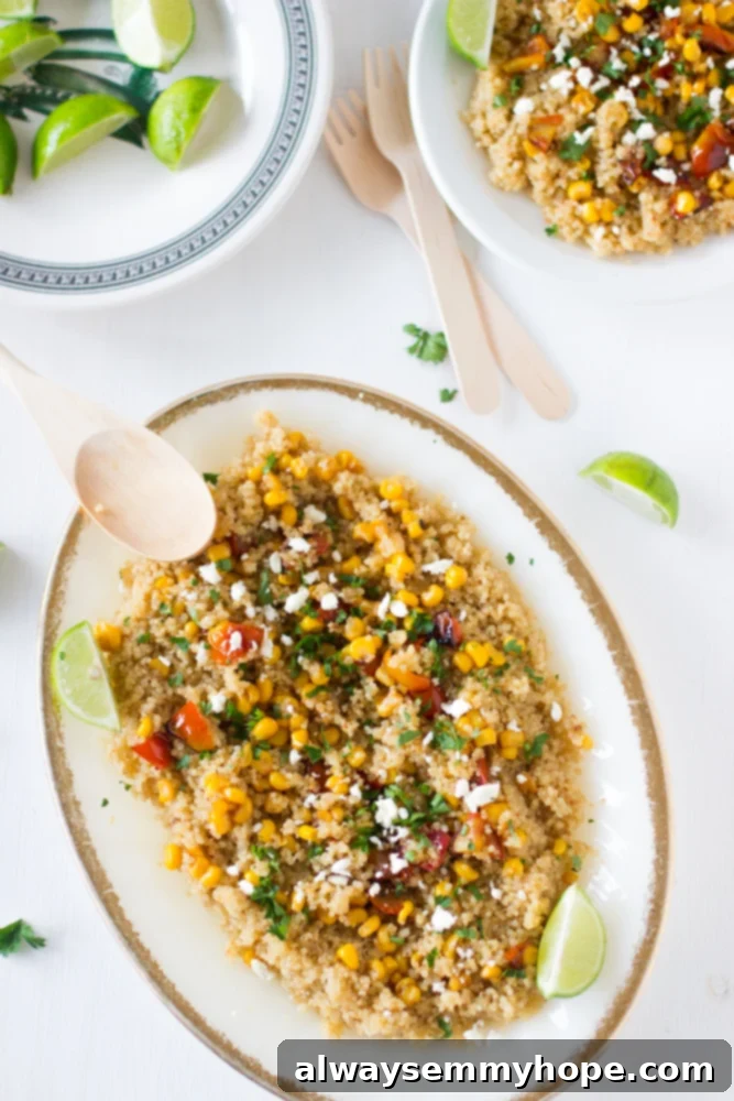 Quinoa and corn salad on a white plate.