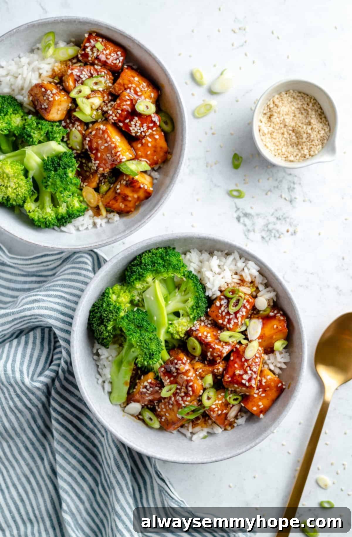 Bowl of teriyaki tofu with rice and broccoli.