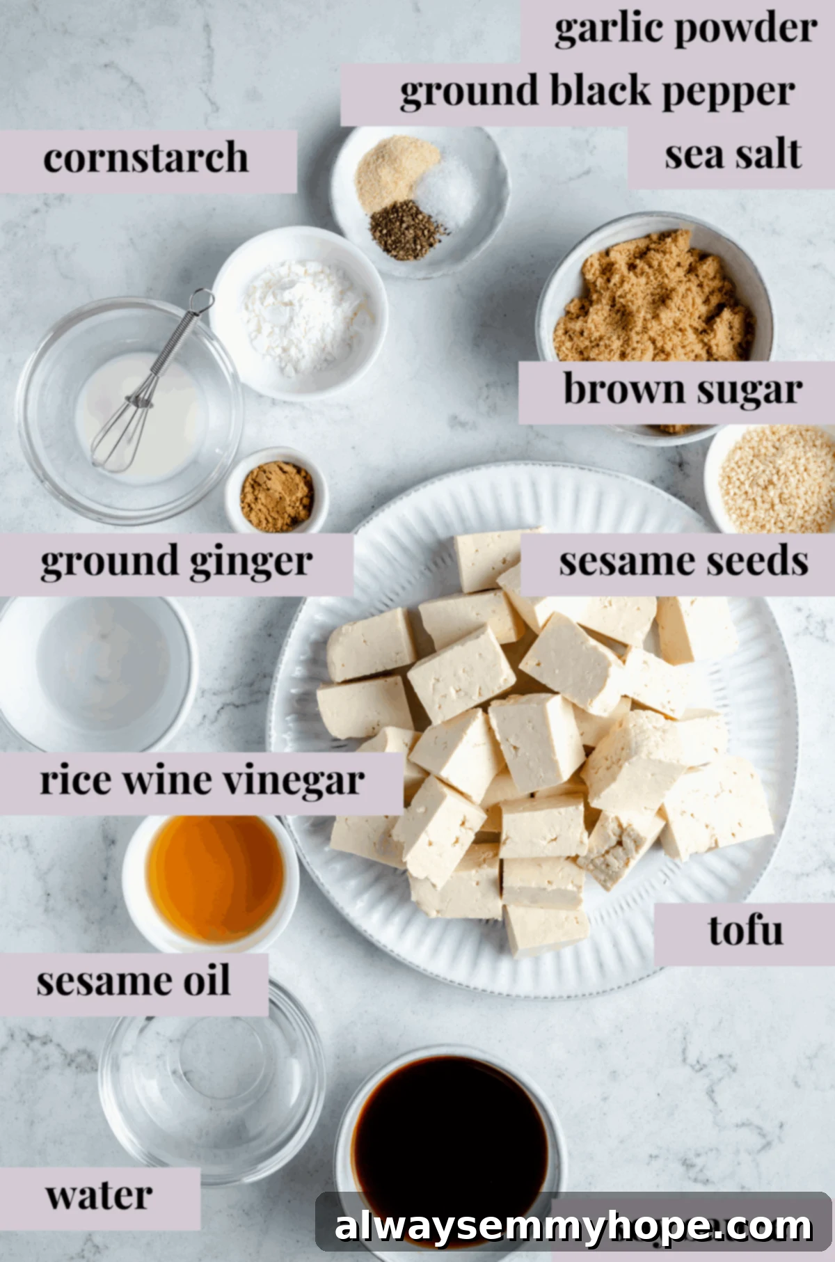 Various ingredients for teriyaki tofu laid out on a wooden surface.