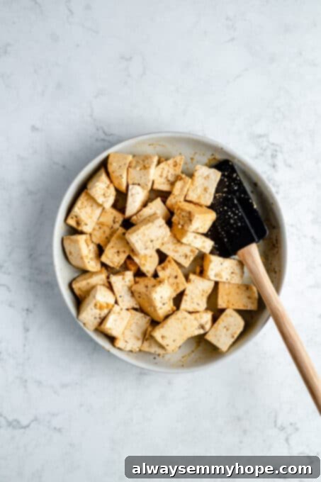 Marinated cubes of tofu.