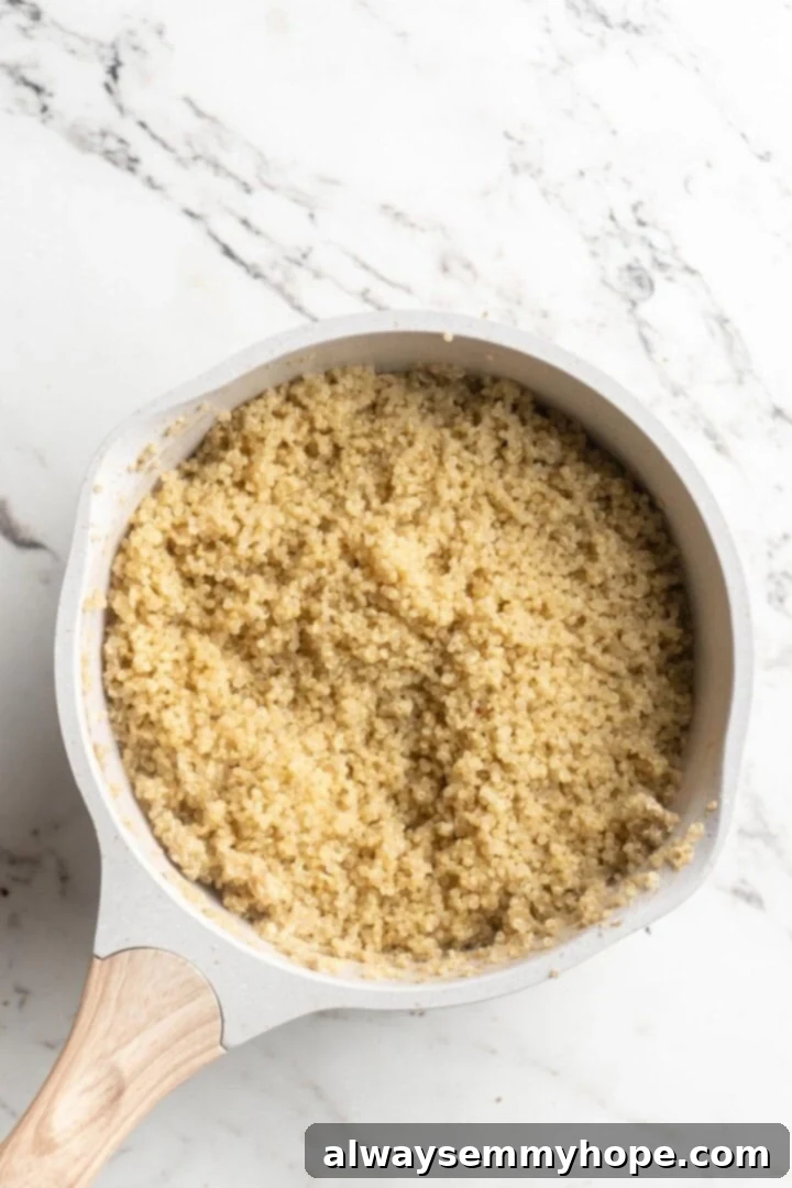 Overhead view of perfectly cooked fluffy quinoa in a bowl.