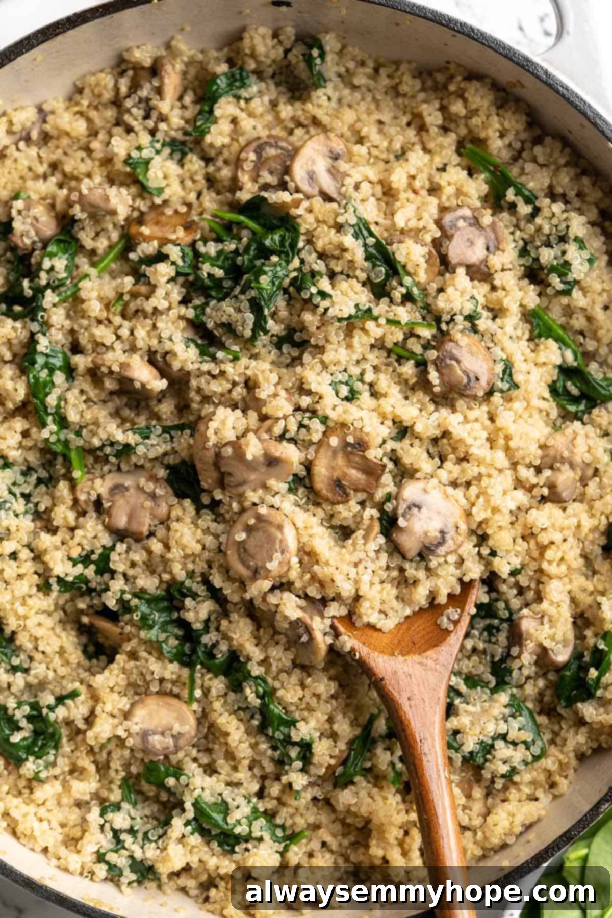 Overhead view of a skillet filled with the finished creamy coconut spinach and mushroom quinoa, garnished with fresh herbs.